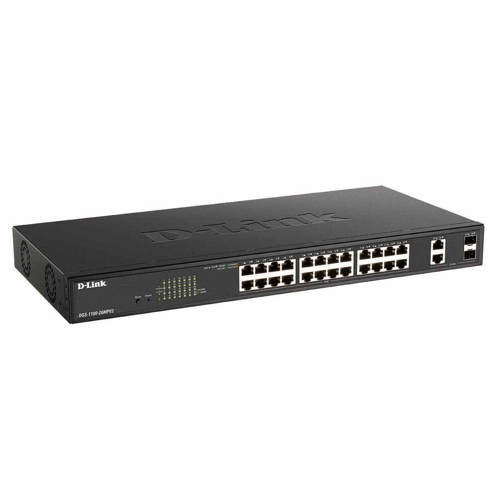 D-Link DGS-1100-26MPV2/A3A Настраиваемый L2 коммутатор с 24 портами 10/100/1000Base-T и 2 комбо-портами 1000Base-T/SFP (24 порта PoE 802.3af/at, PoE-бюджет 370 Вт)