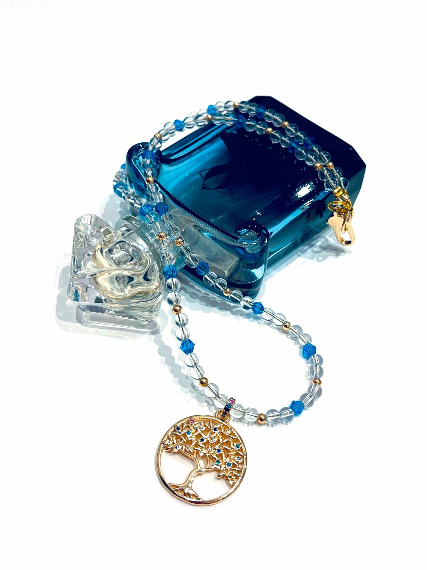 Колье Jewellery by Marina Orlova Дерево Жизни, горный хрусталь, длина 49 см, голубой, бесцветный