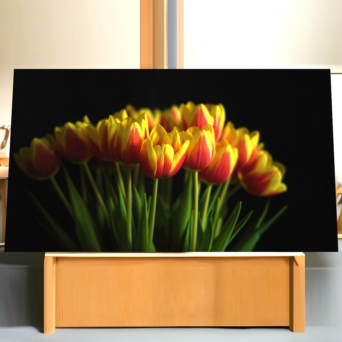 Картина на холсте "Букет тюльпанов, букет цветов, день матери" на подрамнике 75х40 см. для интерьера