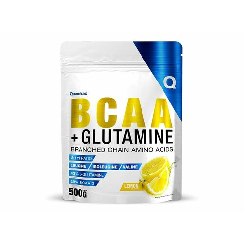 BCAA спорт питание порошок 500 гр (100 порций), Quamtrax Аминокислоты BCAA 2:1:1 + глютамин для роста мышц, вкус: лимон