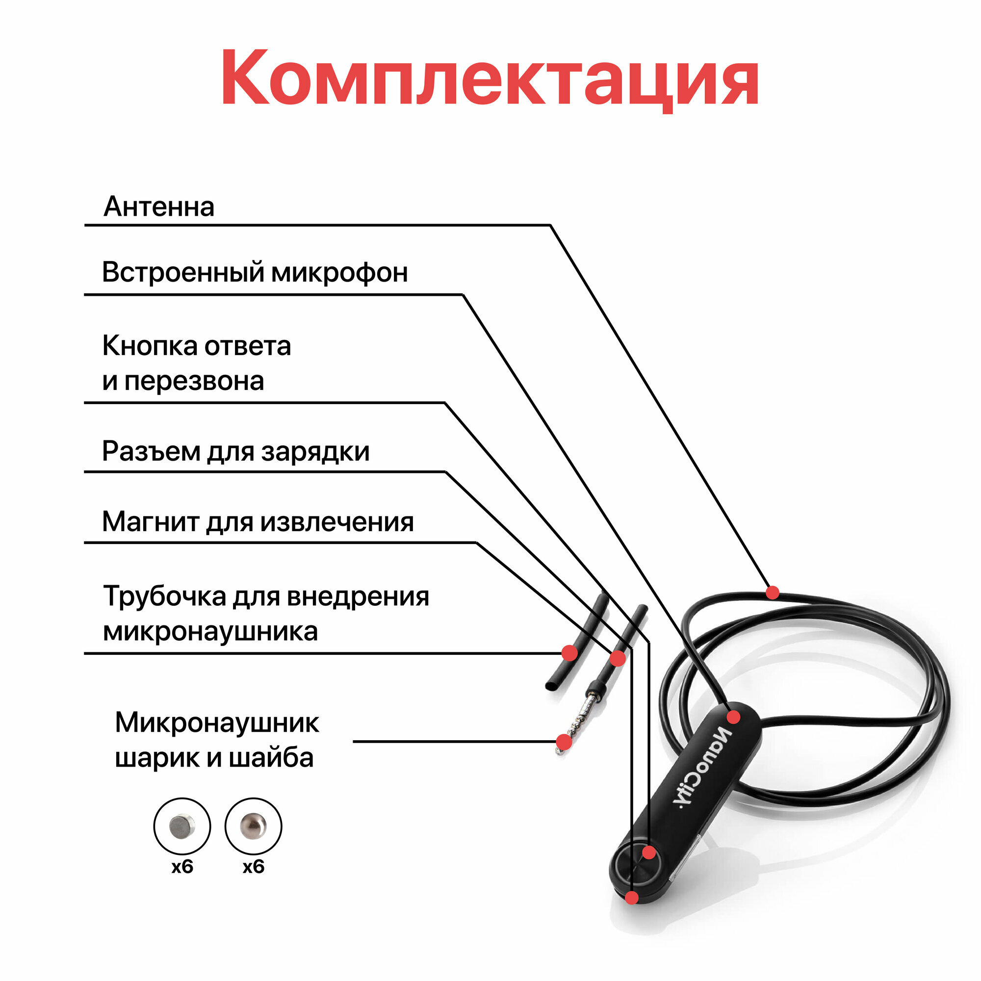Микронаушник Nano City Магнитный Bluetooth Premium с Выводным микрофоном и Кнопкой пищалкой — фото 1