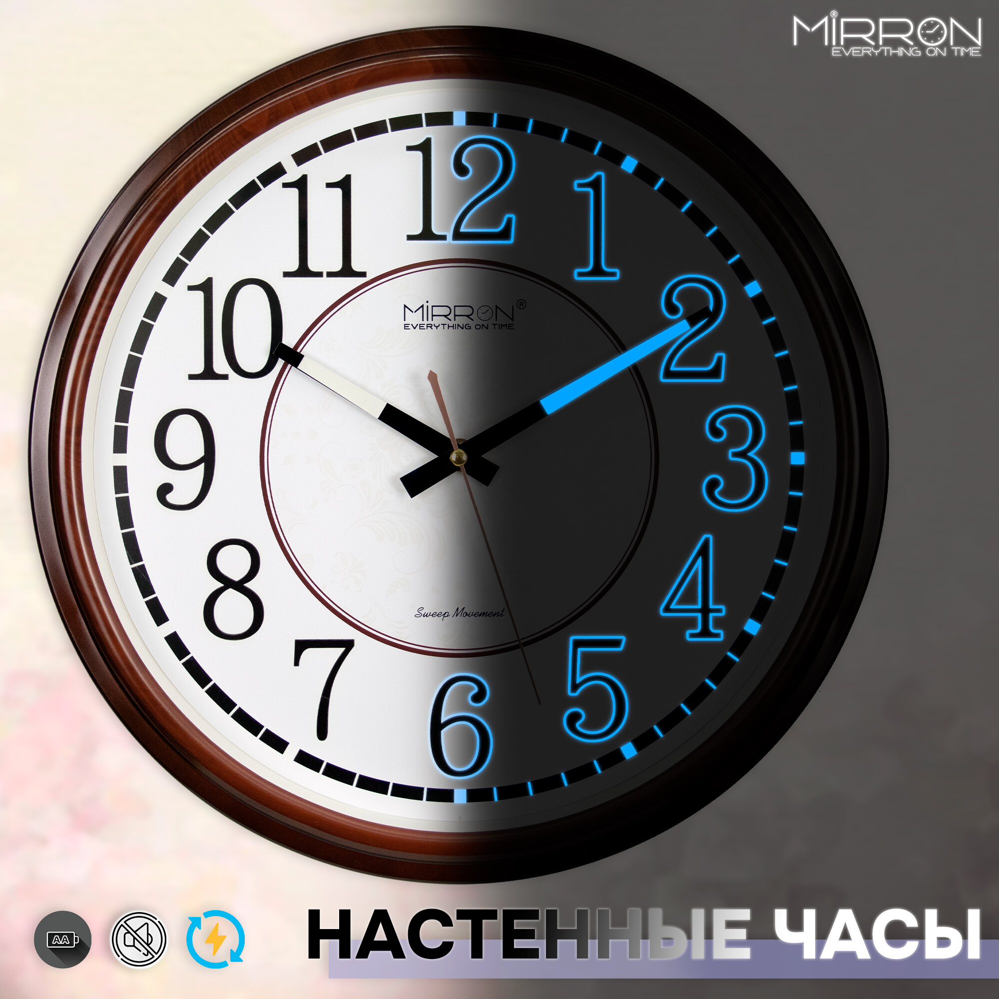 Большие круглые настенные кварцевые часы MIRRON M517AC ДБ/Светящиеся цифры/36 см/Коричневый "под дерево" цвет ободка/Светлый циферблат/Бесшумный плавный механизм/Оригинальные часы