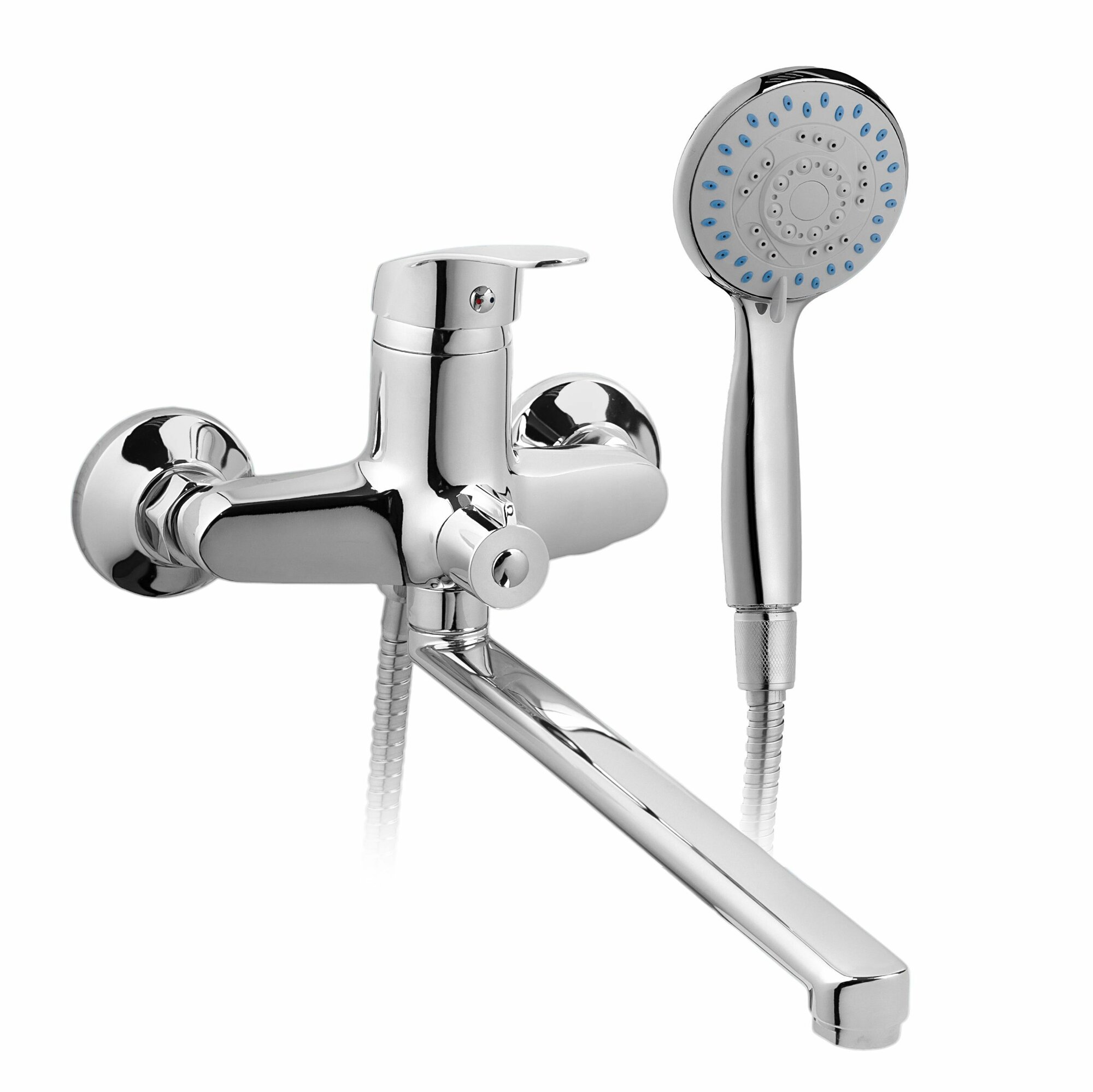 Смеситель для ванной с прямым длинным изливом 30 см и душевым набором, хром