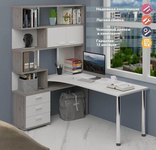 Изображение товара Стол компьютерный Мэрдэс СР-420/170 нбебе-лев Нельсон/Белый/Белый, угловой, с полками, с ящиками, 130х170х199 см