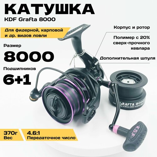 Катушка рыболовная для фидерной, карповой ловли, KDF Grafta 8000 с дополнительной шпулей, корпус полимер с кевларом, 6+1 планетарный, Передаточное число 4.6:1