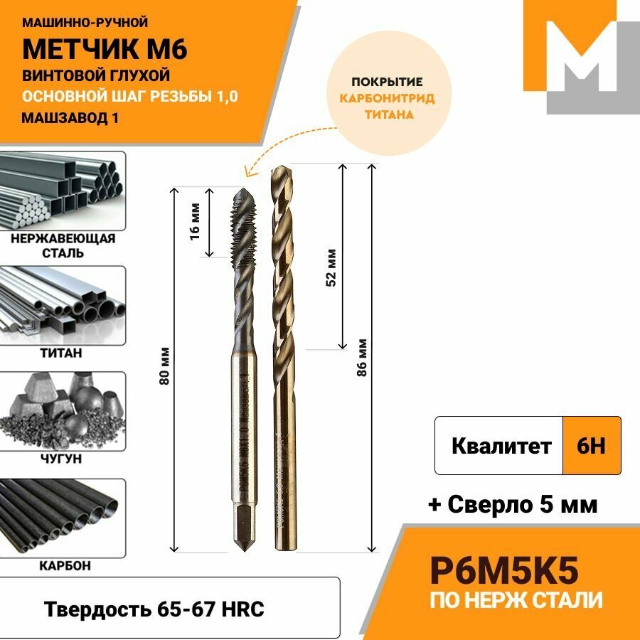 Метчик М6 винтовой Р6М5К5 и сверло 5 мм Р6М5К5 Кобальт
