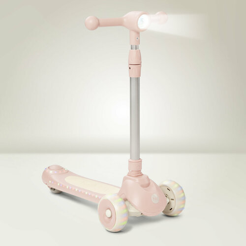 50053, Самокат трехколесный детский Happy Baby WEEZY , светящиеся колеса, высота руля регулируется, светло-розовый