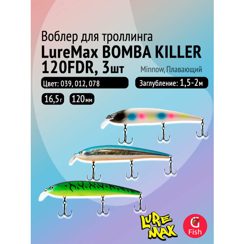 Комплект воблеров для троллинга (судак): 3 штуки LureMax BOMBA KILLER ТОП, 120FDR 16,5г. цвета 039, 012, 078