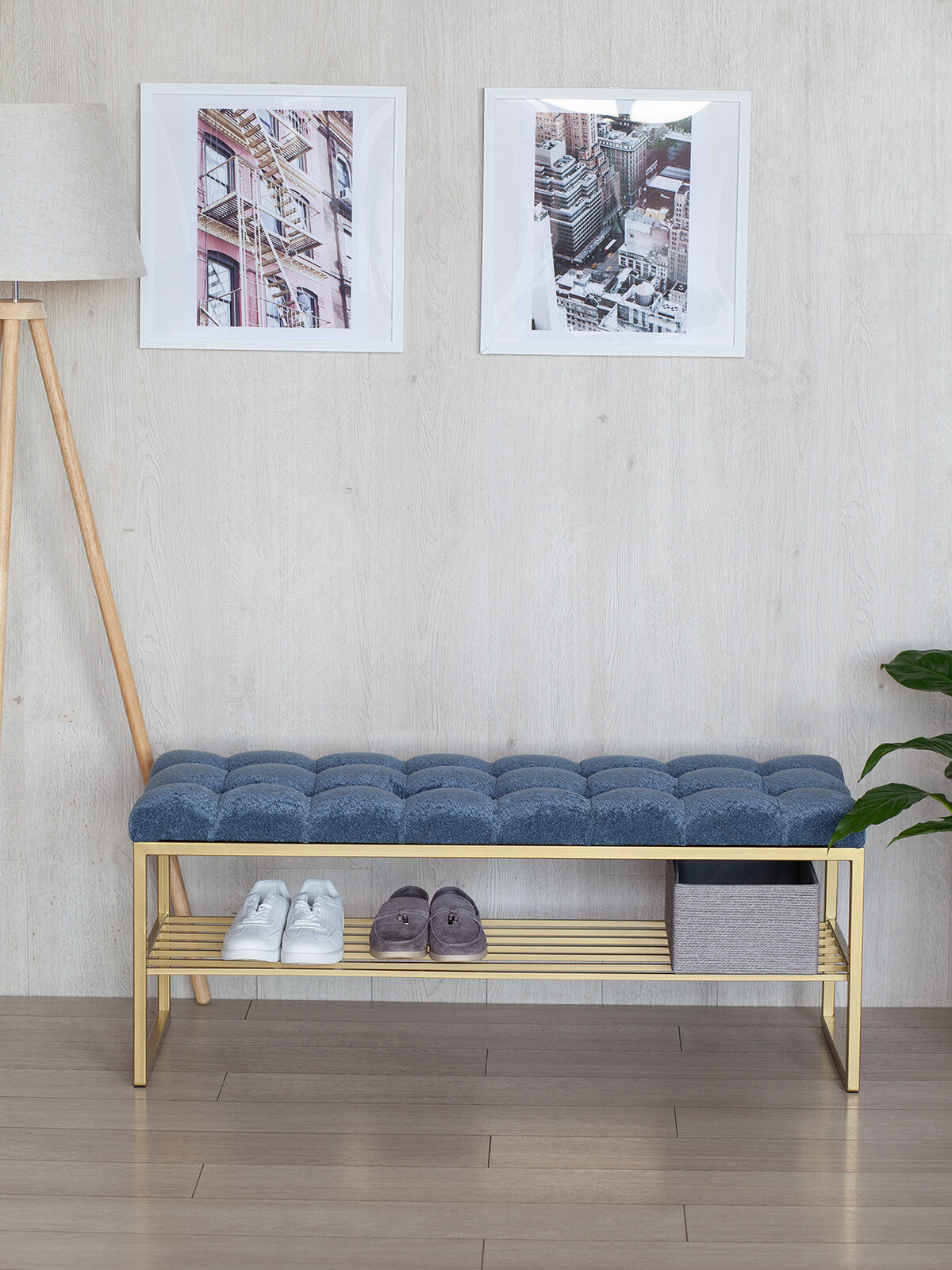 Банкетка в прихожую GREENWEEN RUBY, золотая, верх Steel Blue, каретная стяжка, 110х40х45 — фото 1