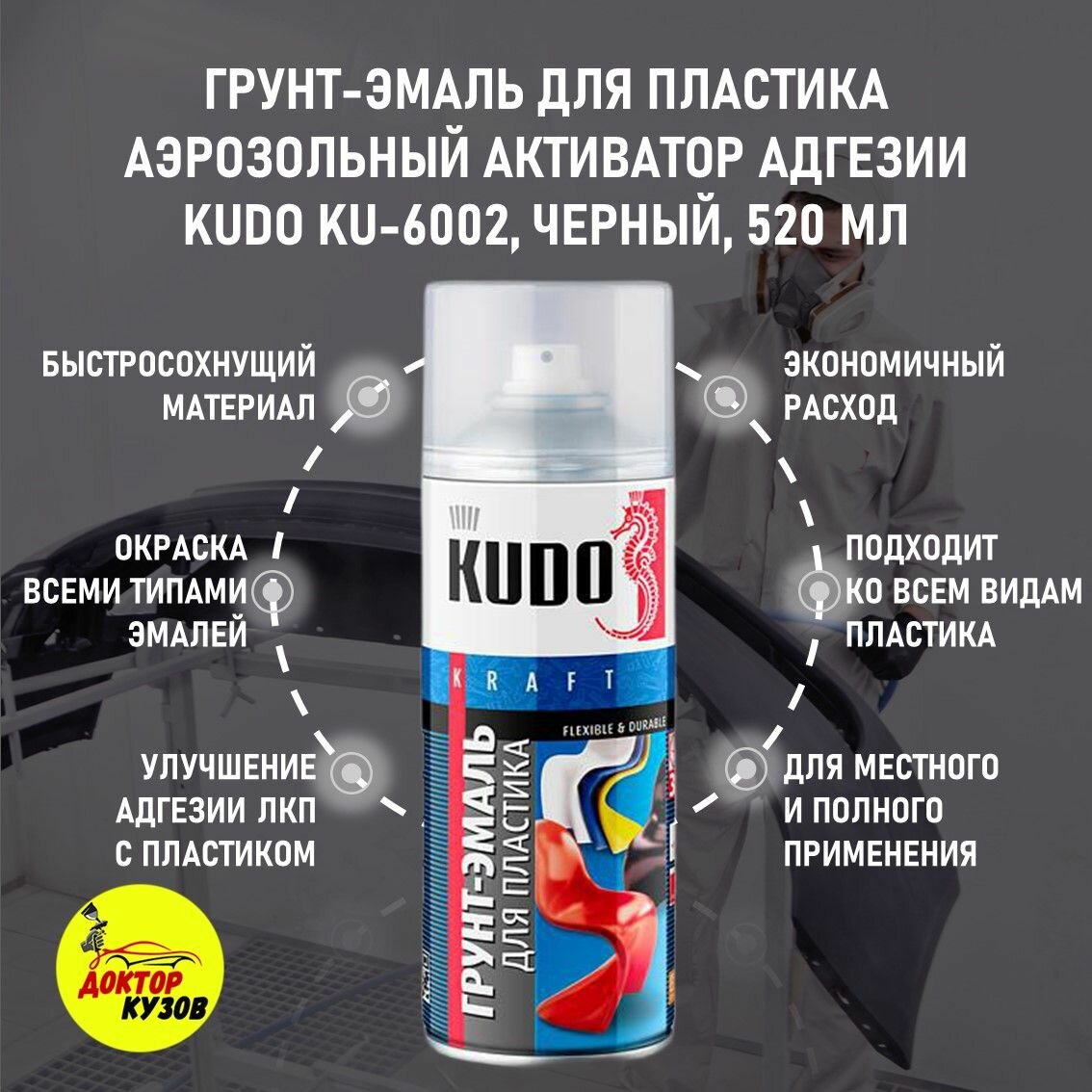 Грунт для пластика KUDO черный быстросохнущий / Грунтовка по пластику для бампера авто / Активатор адгезии, 520 мл