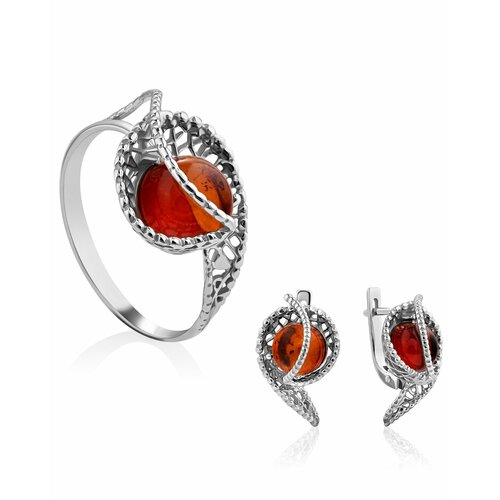 фото Комплект бижутерии: серьги, кольцо, янтарь, коричневый amberhandmade