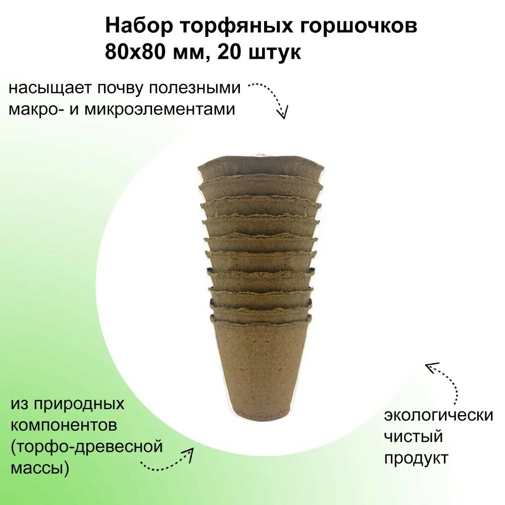 Набор торфяных горшочков 80x80 мм 10 штук: в процессе разложения почва дополнительно насыщается полезными макро- и микроэлементами