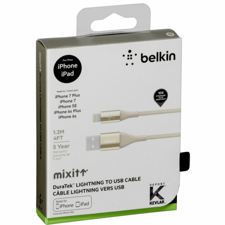 Кабель Belkin Mixit DuraTek Kevlar USB 8 pin Lightning для Apple iPhone 5/5S/SE/6/6 Plus/6S/7/8/X (10)/Xr/Xs/Xs Max/11/11 Pro/12 Mini/13 Pro Max/SE 2022/iPad/iPod/AirPods 1.2 м Нейлон Золотой (Gold)