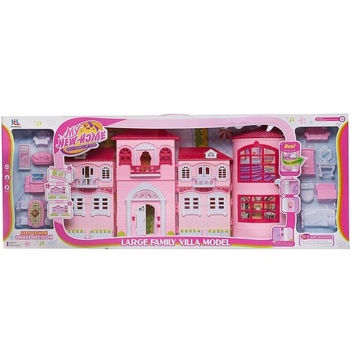 Дом кукольный Junfa с мебелью, большой, розовый, сборный, свет и звук (WK-15502)