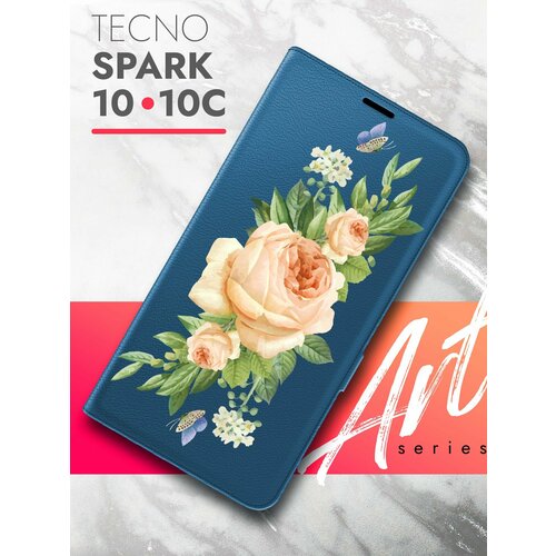 Чехол на Tecno Spark 10/ 10C (Техно Спарк 10/10С) синий книжка эко-кожа с функцией подставки и магнитами Book case, Brozo (принт) Бежевые Розы чехол на tecno spark 10 10c техно спарк 10 10с синий книжка эко кожа с функцией подставки и магнитами book case brozo принт аниматроник паттерн