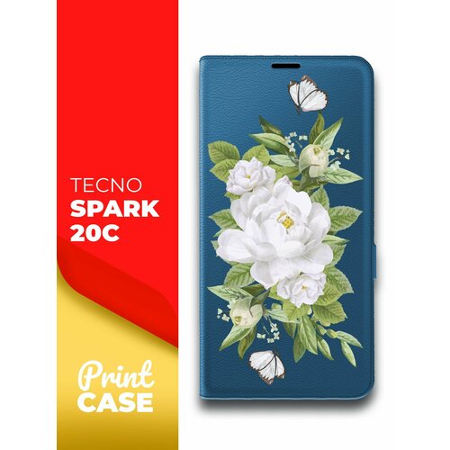 Чехол на Tecno Spark 20C (Техно Спарк 20С) синий книжка эко-кожа подставка отделением для карт и магнитами Book Case, Miuko (принт) Цветы белые чехол на tecno spark 20c техно спарк 20с фиолетовый книжка эко кожа подставка отделением для карт и магнитами book case miuko принт доллар тату