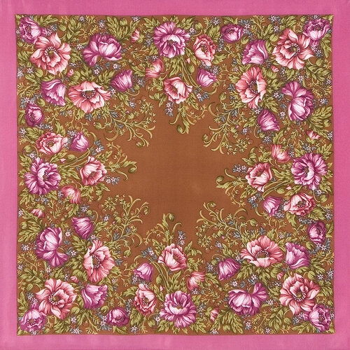 Платок Павловопосадская платочная мануфактура,65х65 см, коричневый, розовый платок павловопосадская платочная мануфактура 65х65 см коричневый зеленый