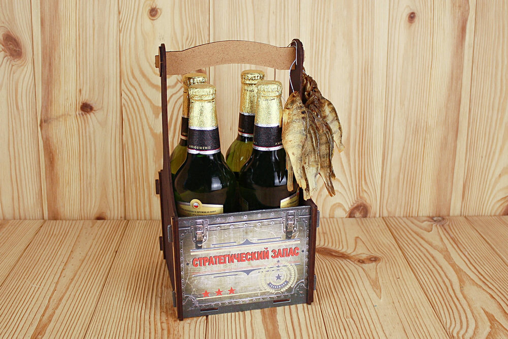 Ящик для пива "Стратегический запас" деревянный. Подарок мужчине, коллегам, папе, дедушке (15,5*16,5*29см) МДФ. ТМ "Канышевы"