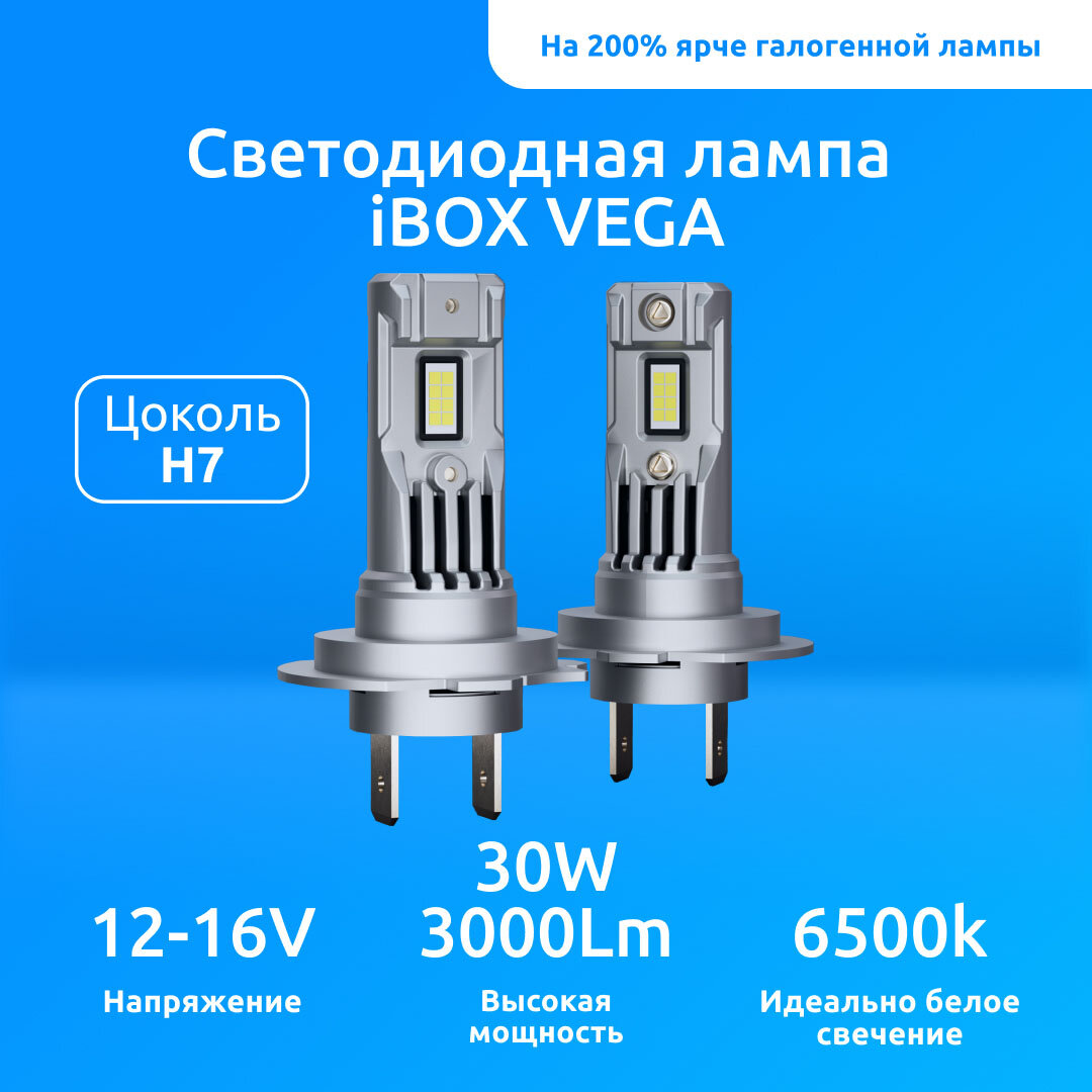 Лампа автомобильная светодиодная iBOX Vega Z1Q26 H7/H18/холодный белый свет/автолампа для фар/автосвет