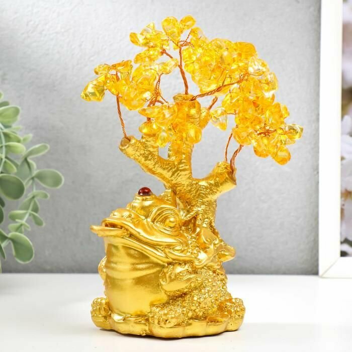 Денежное дерево с янтарем и жабой богатства 108 камней цвет золотой 17 см.