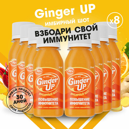 Имбирные шоты Ginger UP для естественной поддержки иммунитета — Имбирный сок холодного отжима с куркумой и кайенским перцем, 8 шт x 59 мл.