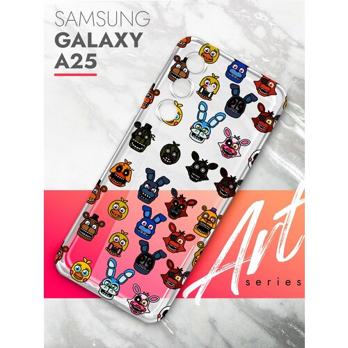 Чехол на Samsung Galaxy A25 (Самсунг Галакси А25), прозрачный силиконовый с защитой (бортиком) вокруг камер, Brozo (принт) Аниматроник Паттерн чехол на samsung galaxy a25 самсунг галакси а25 прозрачный силиконовый с защитой бортиком вокруг камер brozo принт аниматроник паттерн