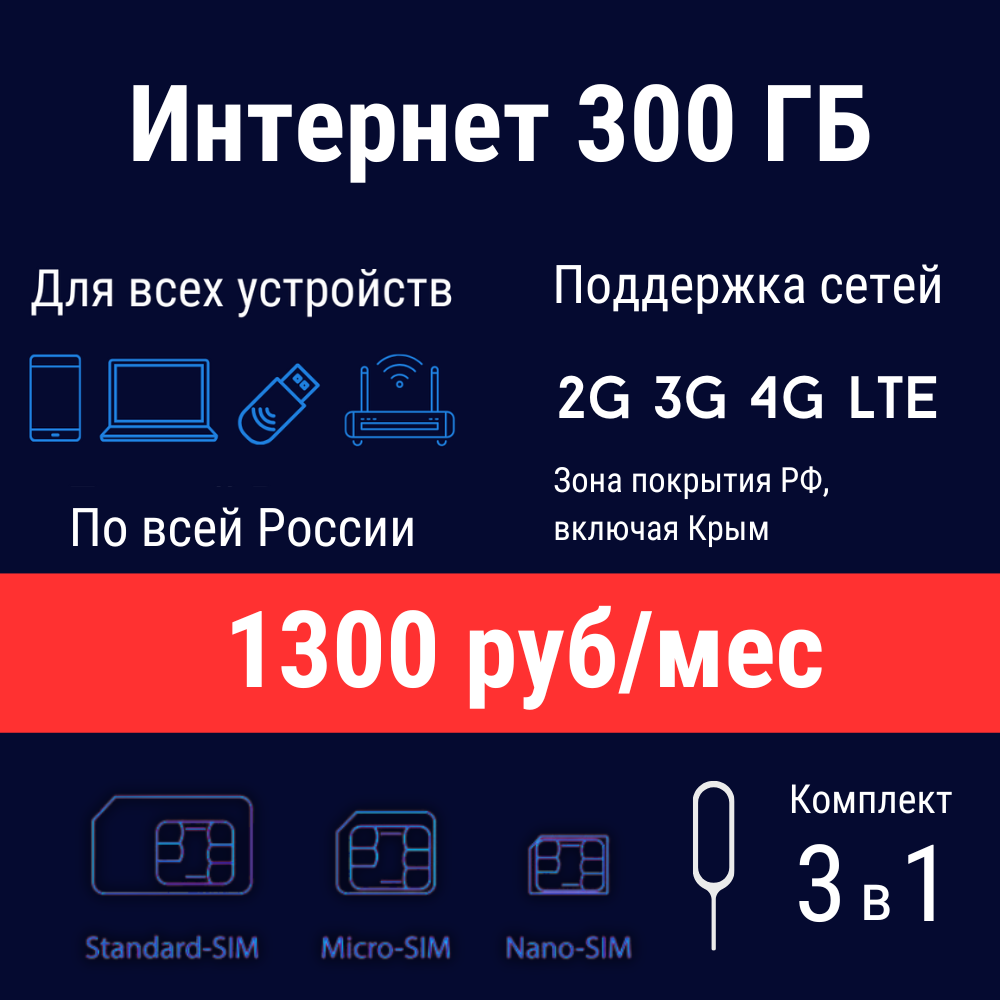 Sim-карта Тариф для модема интернет 300Гб за 1200р/мес (Вся Россия* в сети МТС )