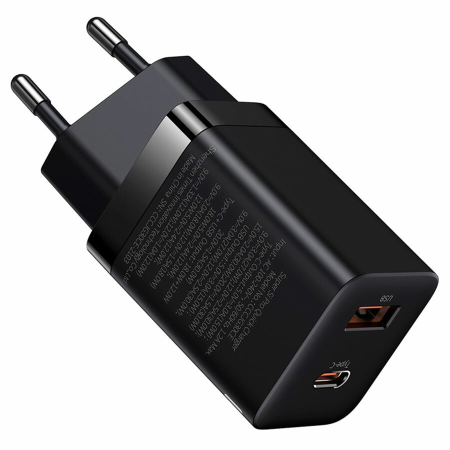 Сетевое зарядное устройство BASEUS Super Si Pro 1xUSB + 1xUSB-C, 3A, 30W, черный