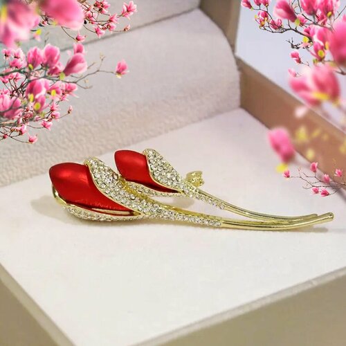 Брошь, стразы, золотой, красный