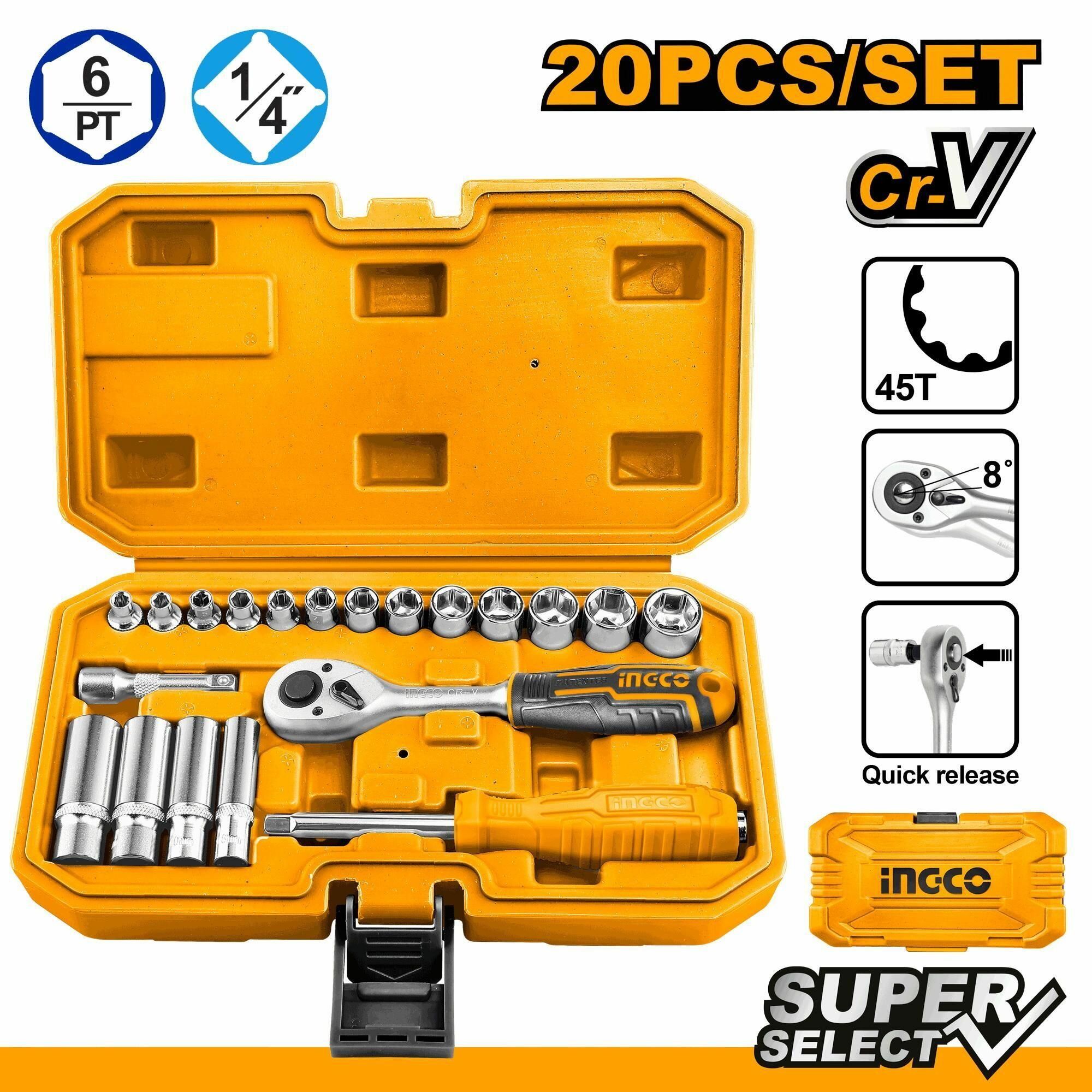 Набор головок торцевых с трещоткой 1/4" 20шт HKTS14201 INGCO INDUSTRIAL