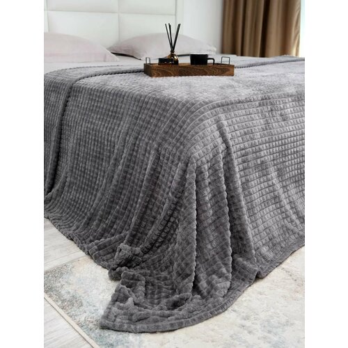 Плед графитовый плюшевый в кубик евро 200х220 см