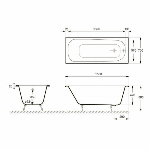 delice ванна чугунная delice continental plus 150х70 с отверстиями под ручки dlr230633r Ванна чугунная Delice Continental 150x70 DLR230612R-AS с отверстиями под ручки и антискользящим покрытием