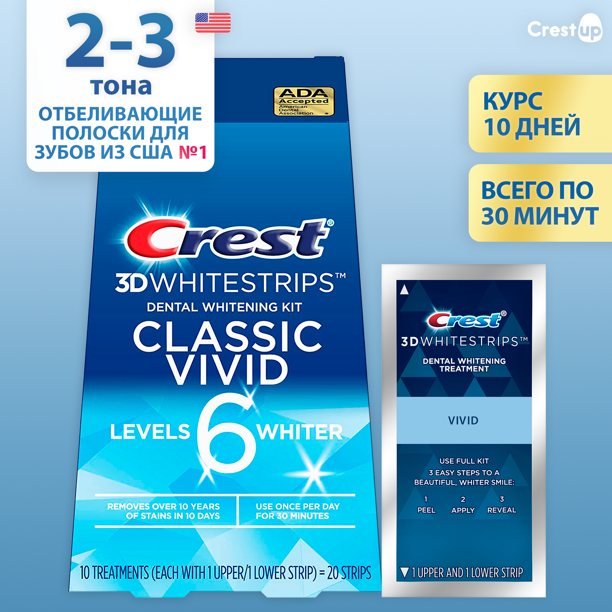 Курс 10 дней | Crest 3D Whitestrips Classic Vivid – Отбеливающие полоски для зубов