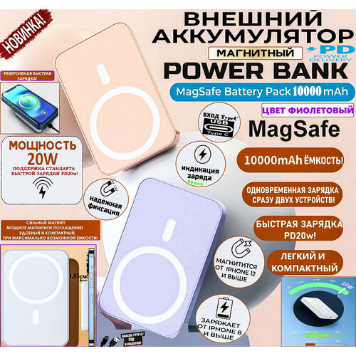 Повербанк внешний аккумулятор с быстрой беспроводной магнитной зарядкой MagSafe 10000mAh TypeCPD20w для iPhoneAndroidС индикатором зарядаФиолетовый 3990₽