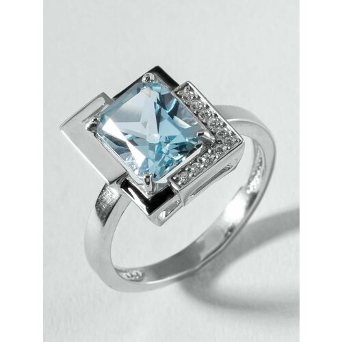 Перстень KAPLI jewelry, серебро, 925 проба, родирование, эмаль, топаз, фианит, размер 18, ширина 2 мм, голубой/серый