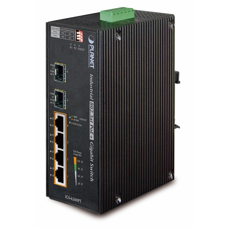 Коммутатор/ PLANET IP30 6-Port Gigabit Switch with 4-Port 802.3AT POE+ plus 2-port 100/1000X SFP (-40 to 75 C)