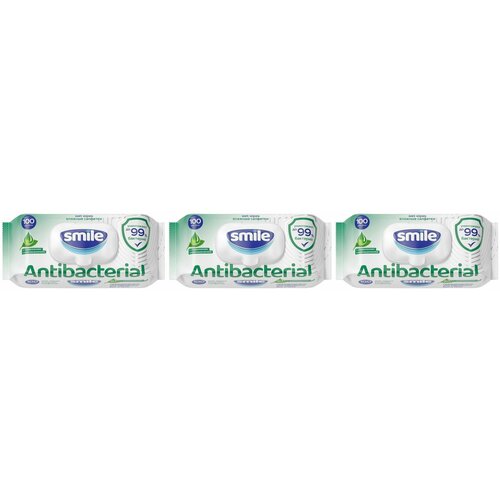 Smile Влажные салфетки, Antibacterial, С соком подорожника, 100 шт/уп, 3 штуки влажные салфетки smile antibacterial с d пантенолом 60 шт