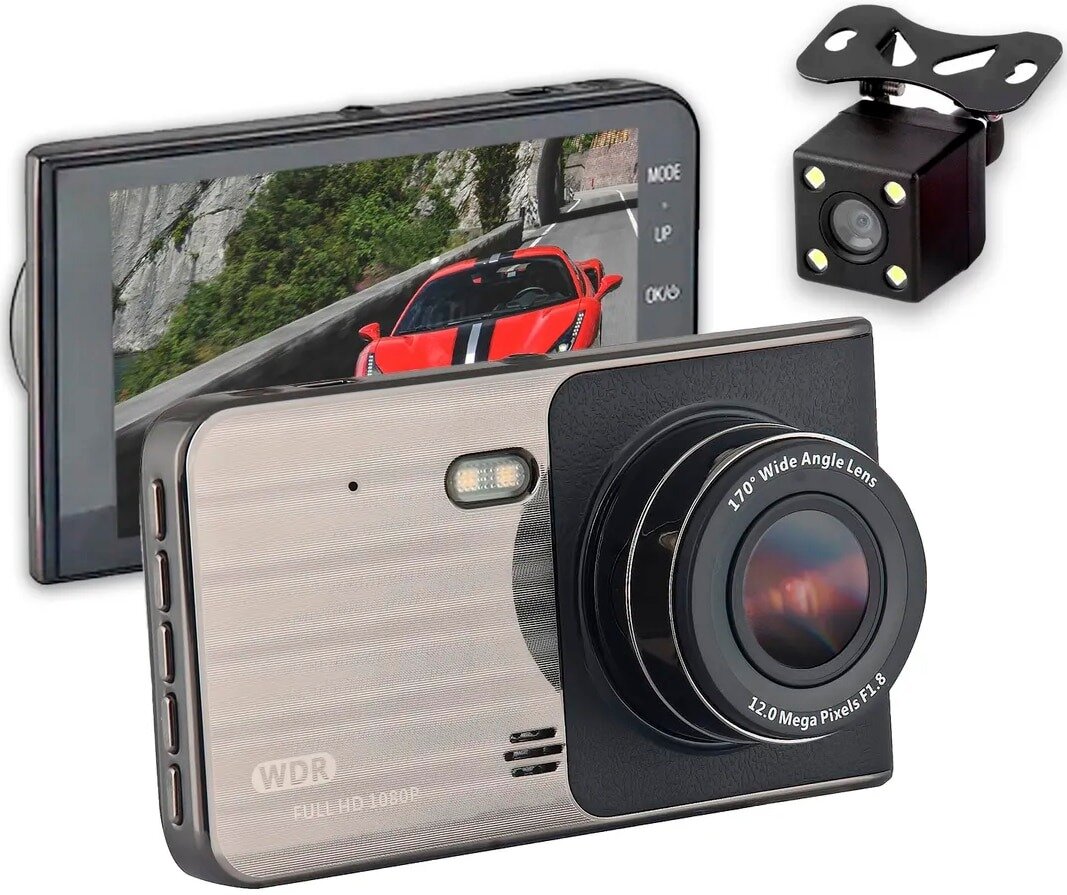 Автомобильный видеорегистратор c встроенным объективом и камерой заднего вида для парковки / Разрешение Full HD 1080P / WDR / Датчик удара G-Sensor / 4 дюймовый LCD дисплей