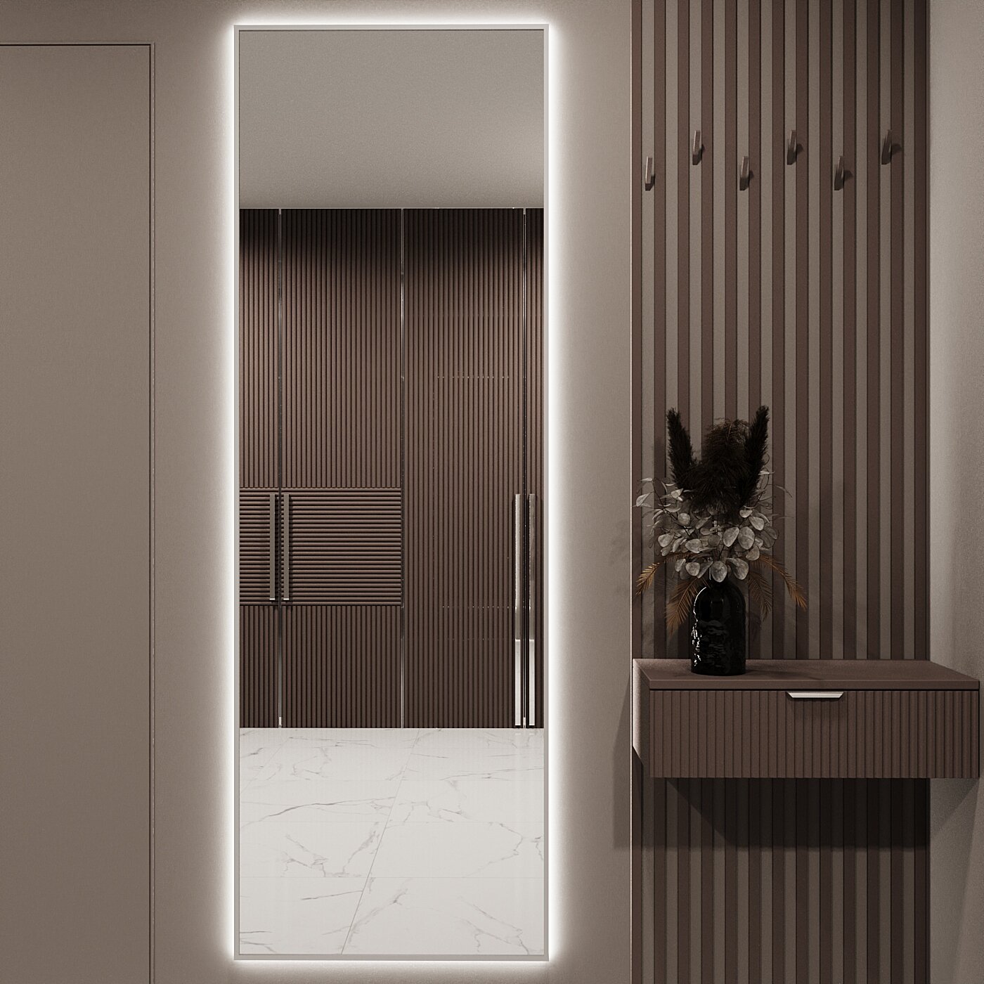 Зеркало с подсветкой в алюминиевой раме настенное Market-house 180х60 см. Свет: Нейтральный Белый 6000К. Серебро