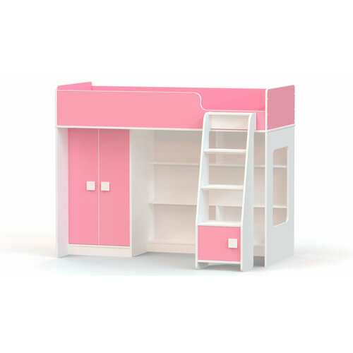 Кровать-чердак с прямым шкафом Ridgimmi 1.1 белый / розовый