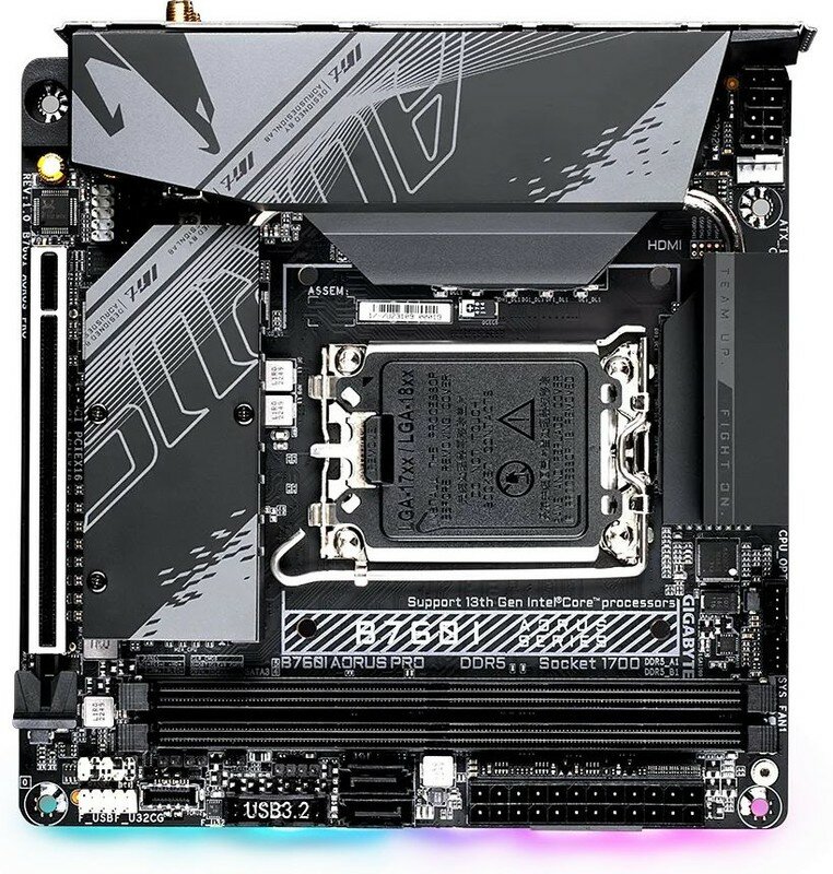 Материнская плата Gigabyte B760I AORUS PRO Soc-1700 Intel B760 2xDDR5 mini-ITX AC`97 8ch(7.1) 2.5Gg RAID+HDMI+DP