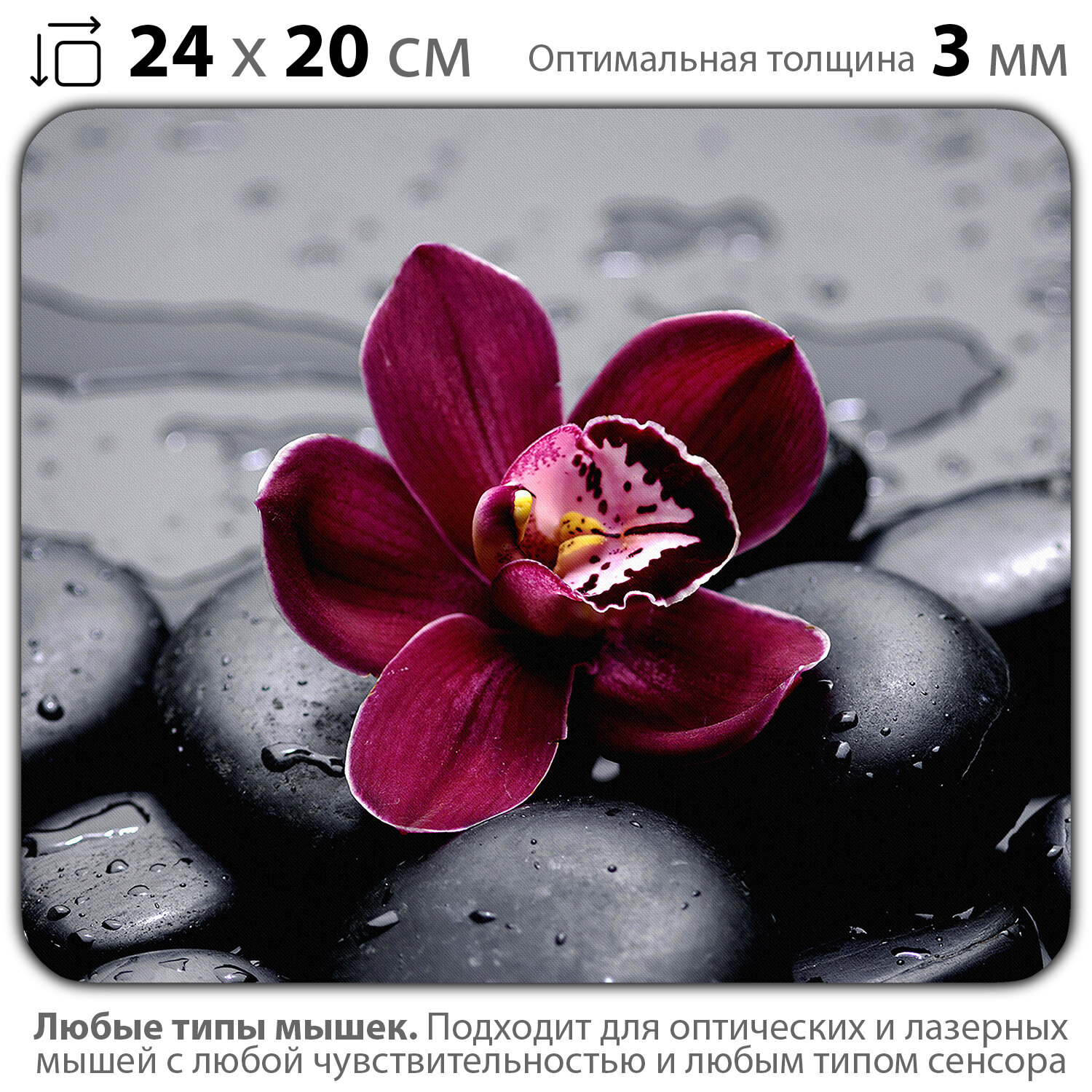 Коврик для мыши "Орхидея на камнях" (24 x 20 см x 3 мм)