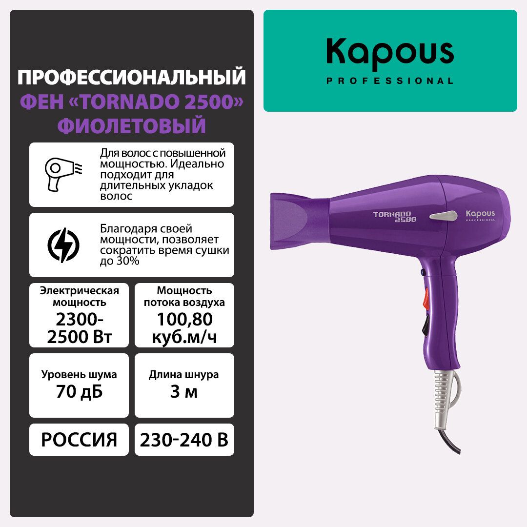 Фен профессиональный Kapous «Tornado 2500», фиолетовый