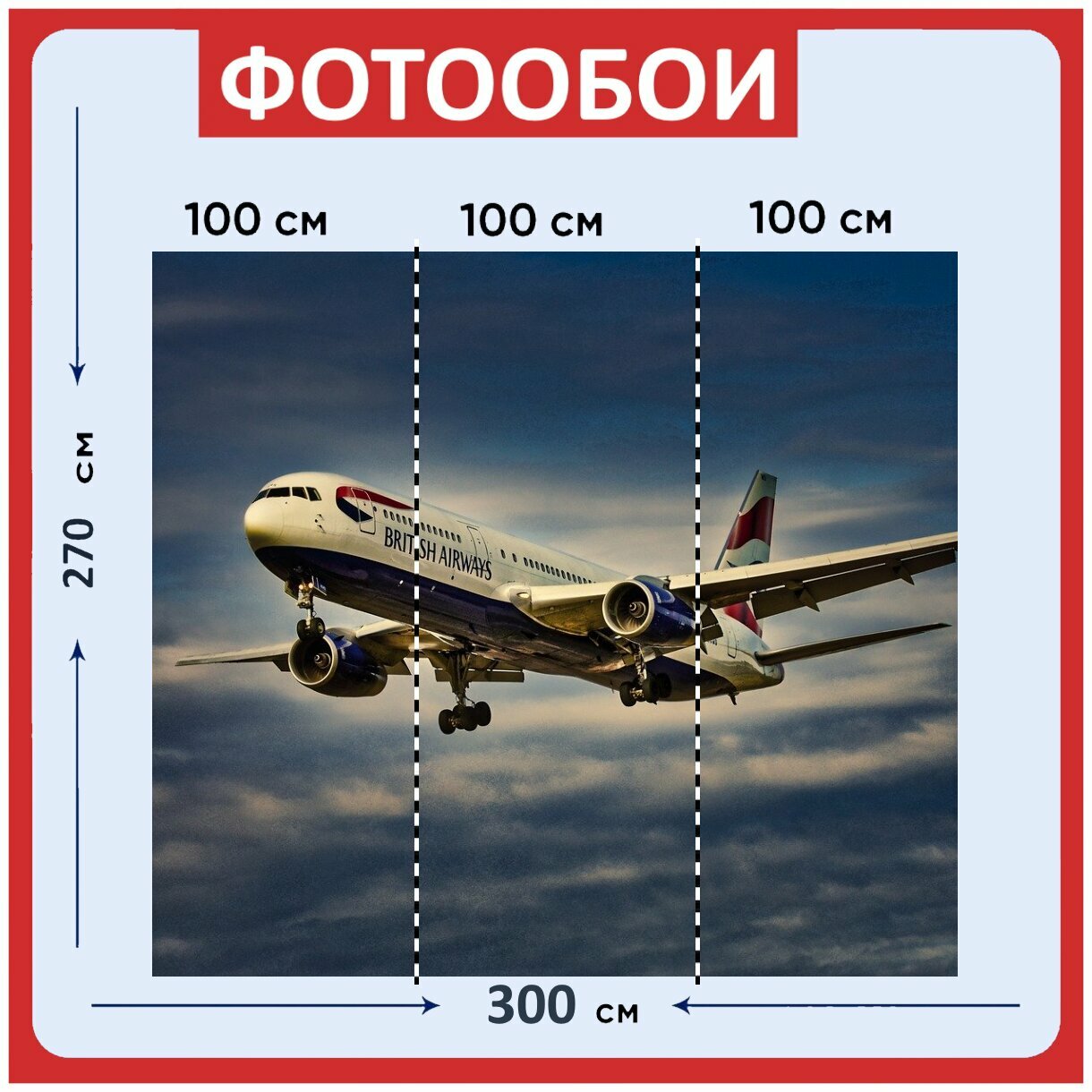 Фотообои ударопрочные моющиеся "Самолет, полет, крылья" 300x270 см. флизелиновые на стену