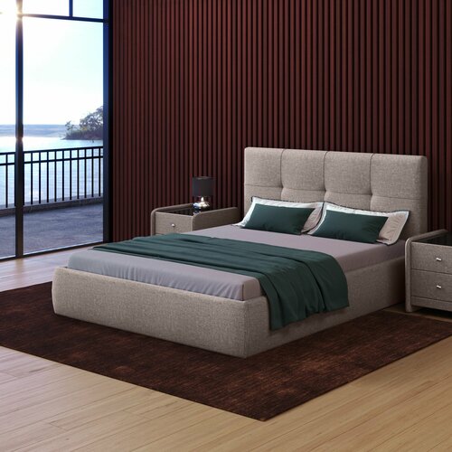 Двуспальная кровать 140х200 с подъемным механизмом Палермо с мягким изголовьем для дома для спальни ортопедическое основание ламели усиленные ящик для белья рогожка серая Ами Мебель Беларусь 19699₽