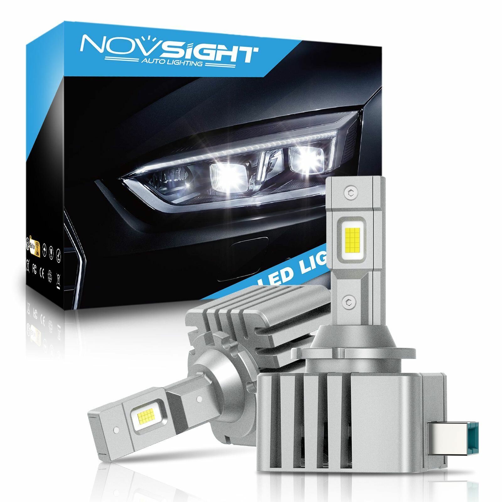 Светодиодная автомобильная LED лампа Novsight модель DH замена ксенона, цоколь D3S - 70Вт (2 шт), 6500К яркий белый свет
