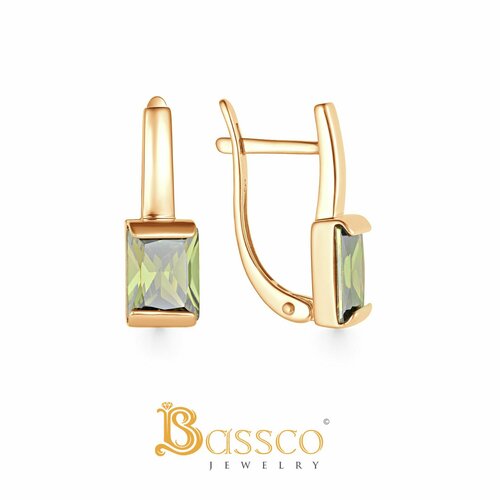 Серьги Bassco, серебро, 925 проба, золочение, фианит, размер 18 мм, длина 1.8 см, золотой