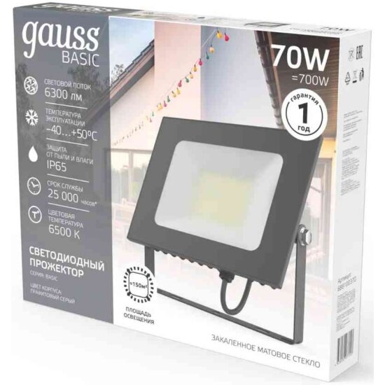 Прожектор Gauss BASIC 70W 6300lm 6500K 200-240V IP65 графитовый LED 1/10 — фото 1