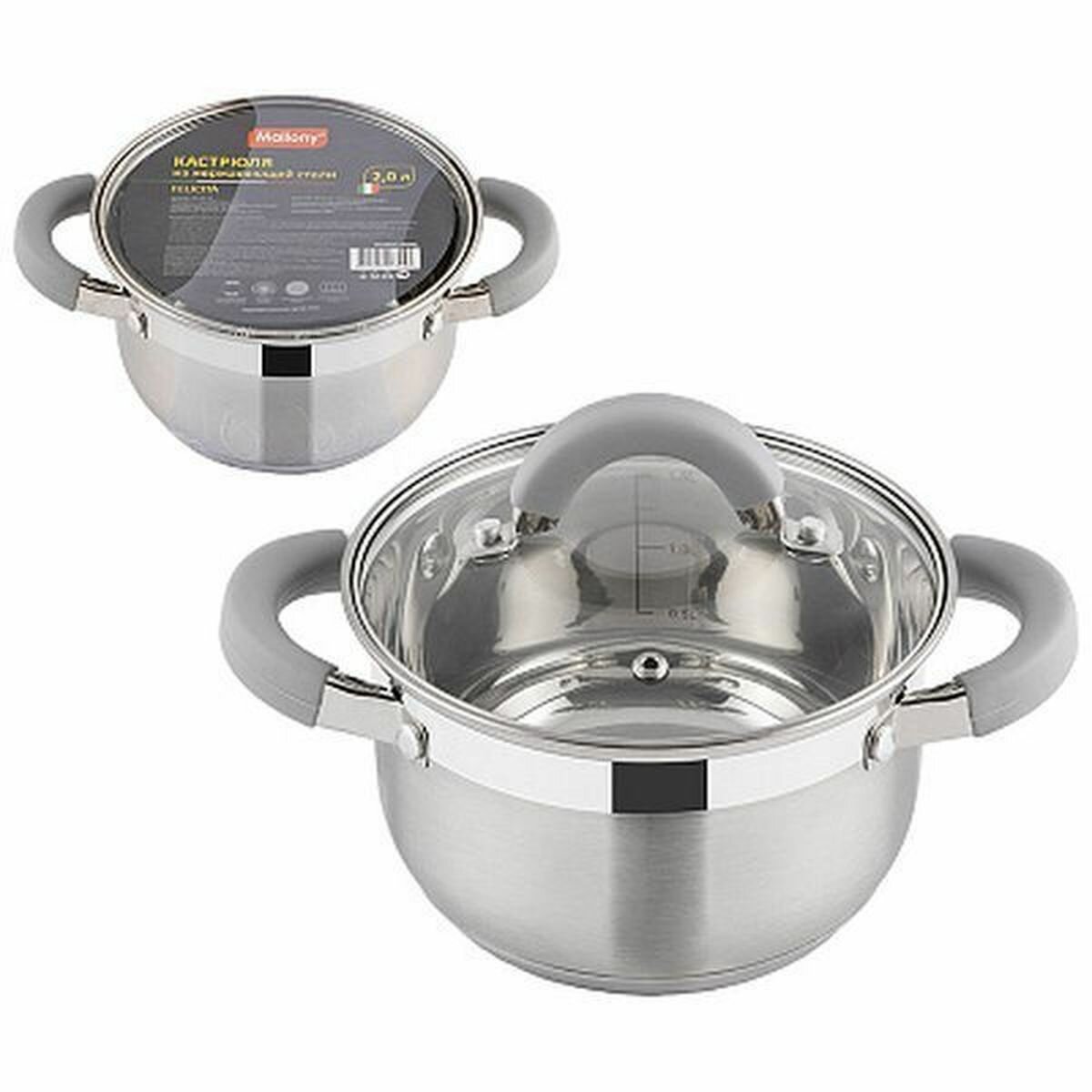 Кастрюля Felicità, объем 2 л, из нерж стали с крышкой из жаропрочного стекла, размер 16*10 см