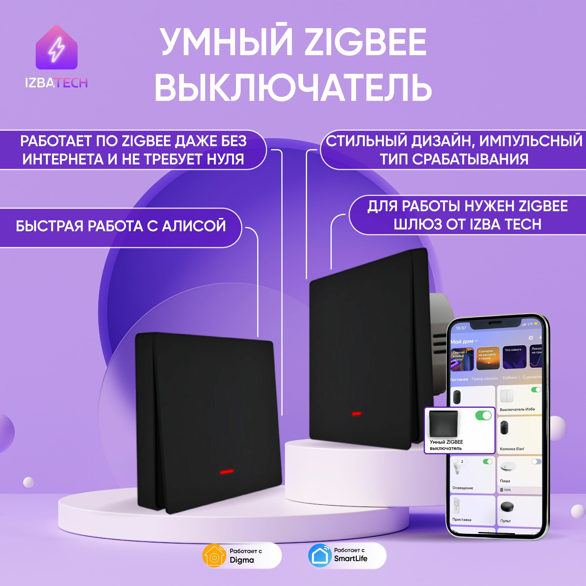 Умный выключатель Zigbee без нуля, умный дом, импульсный одноклавишный, черный